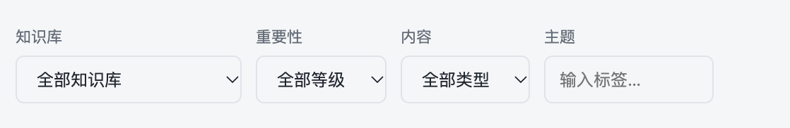 知识库筛选栏,包含知识库、重要性、内容和主题四个字段